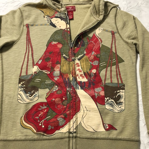 Lucky Brand Hoodie NWOT Geisha Vintage Zip Sweatshirt Asian Unique Artwear Med - Picture 7 of 9
